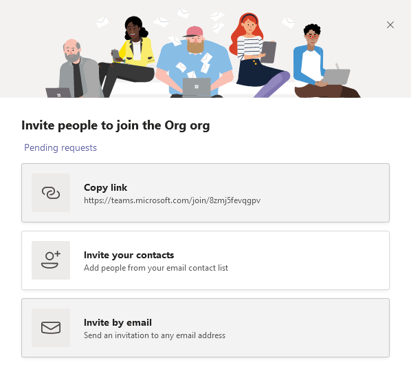 options to Invite people to join your org in teams in Microsoft teams
