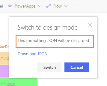 Switch from advanced mode to design mode in JSON Column Formatting