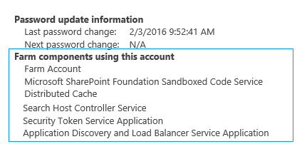 Farm components using by service account