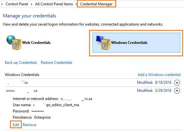 Manage windows credentials in credential Manager