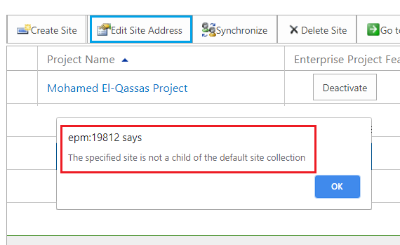 The specified site is not a child of the default site collection in Project Server