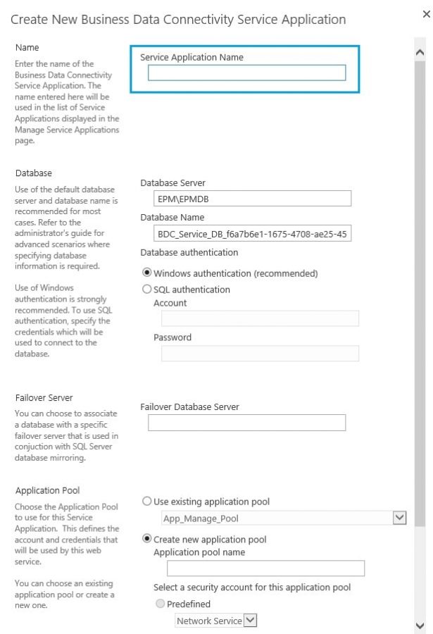 Create a new Business Data Connectivity Service Application in SharePoint