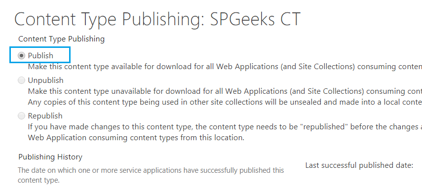 Publish content type in Content Type Hub in SharePoint