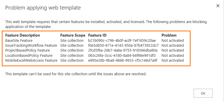 This web template requires that certain features be installed, activated, and licensed-min