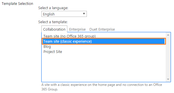create a team site classic experience in sharepoint online