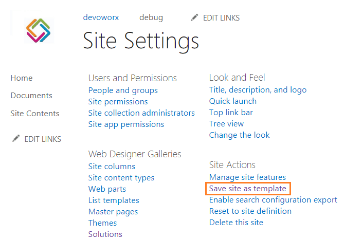 save site as template SharePoint online