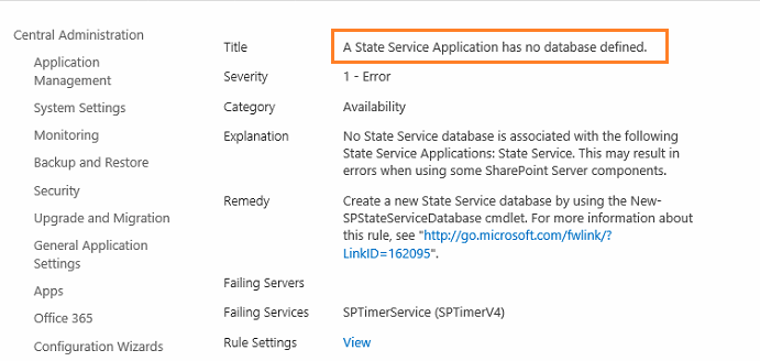 A State Service Application has no database defined
