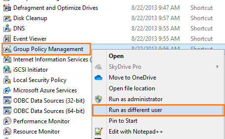Run Group Policy Management as Domain Administrator Account