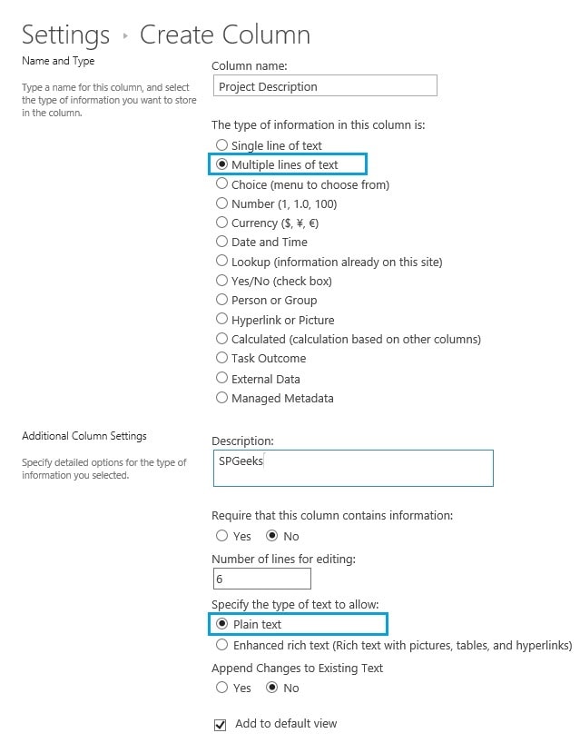 SharePoint Multiline TextBox Column