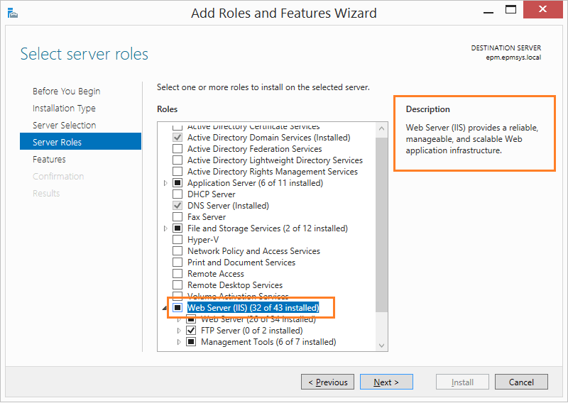 Install web server role in Windows Server 2016