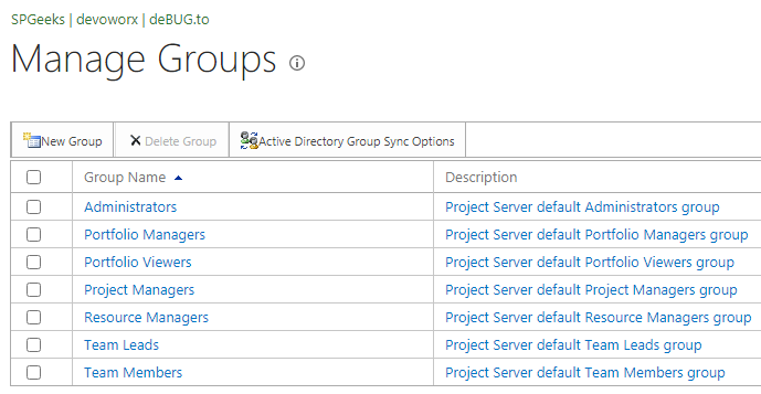 Default Security Groups in Project Server Permission Mode
