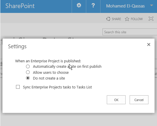 Project Site Creation Settings in Project Server 2016