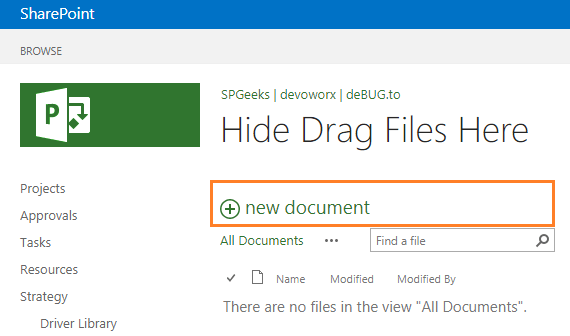 Remove Drag files here text in SharePoint Document Library