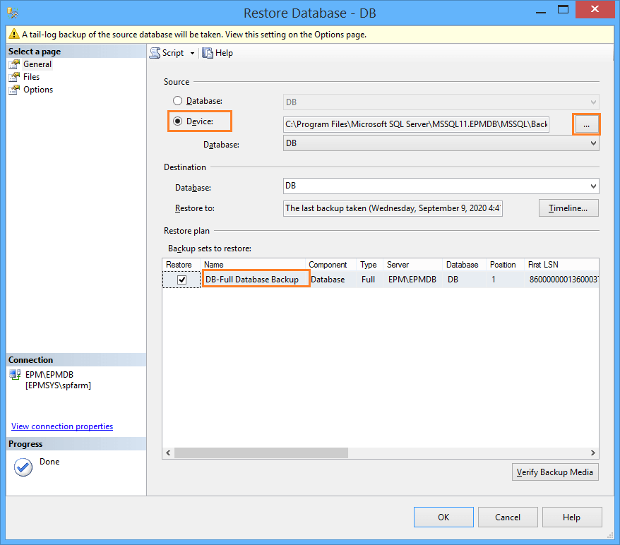 Full database Restore with no recovery in SSMS