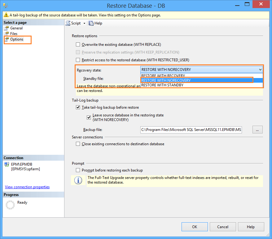 Restore Database with recovery state no recovery