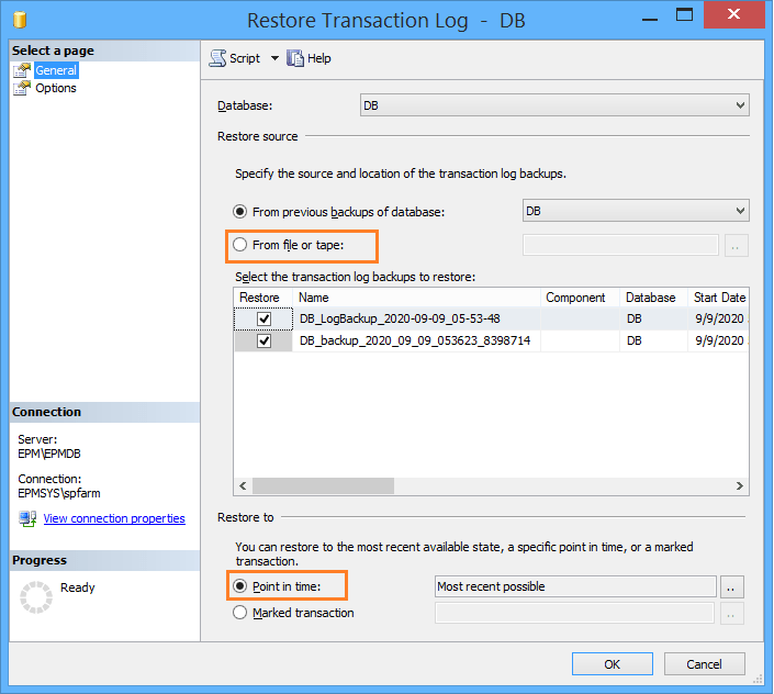 Restore Transaction log backup to point in time