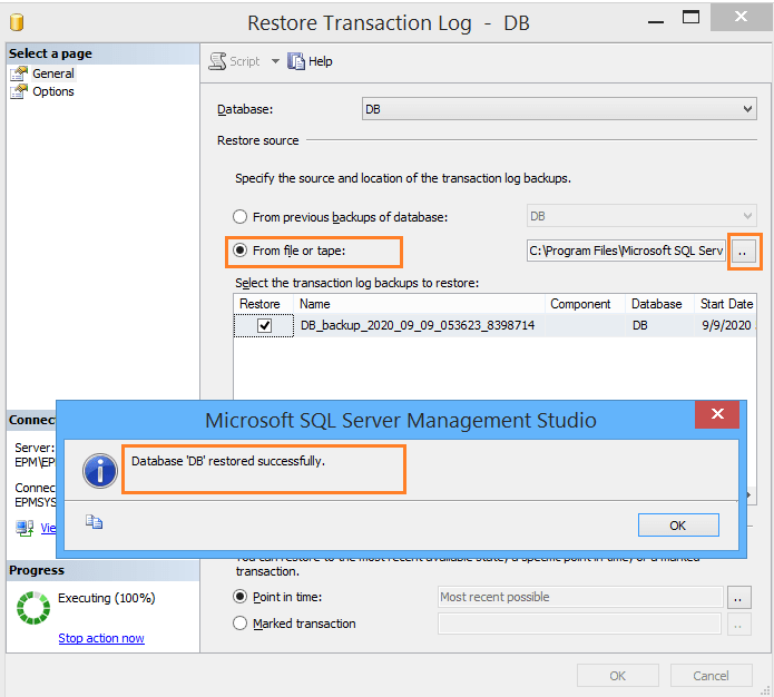 Restore transaction log backup done