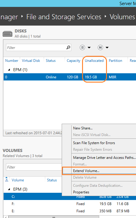 Extend Volume from server manager in windows server