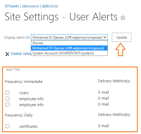 all user alerts in SharePoint 2016 by user name