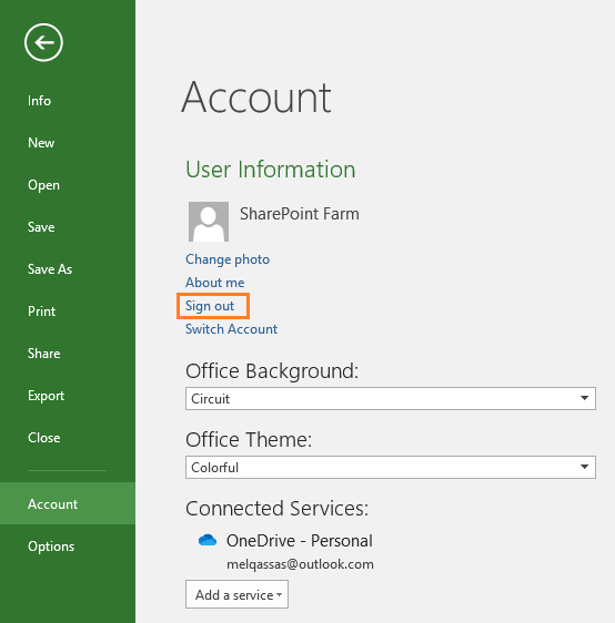 Sign out your account from Microsoft Project 2016