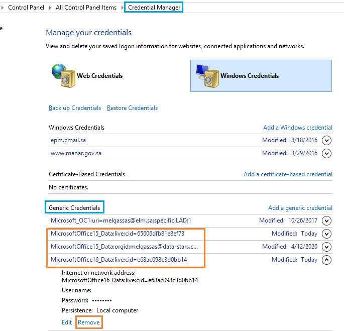 remove user generic credentials in windows control panel