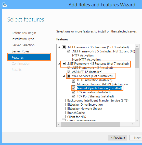 Turn on the Named Pipe Activation feature