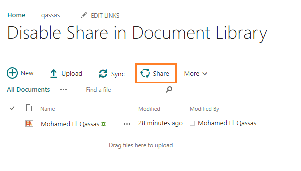 Share button in document library toolbar