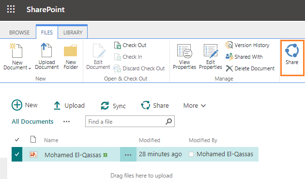 Share button in files document library ribbon