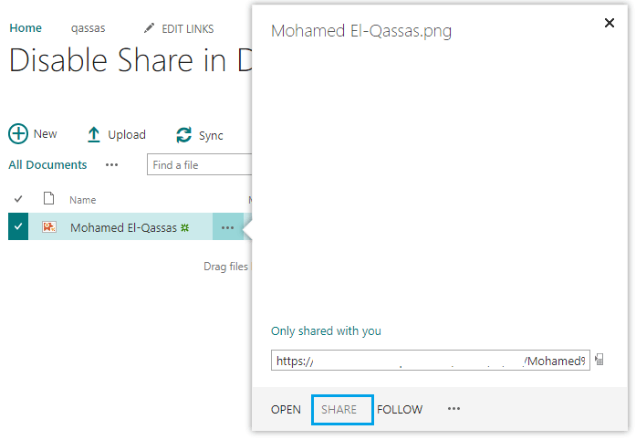 disable Share callout link in document library