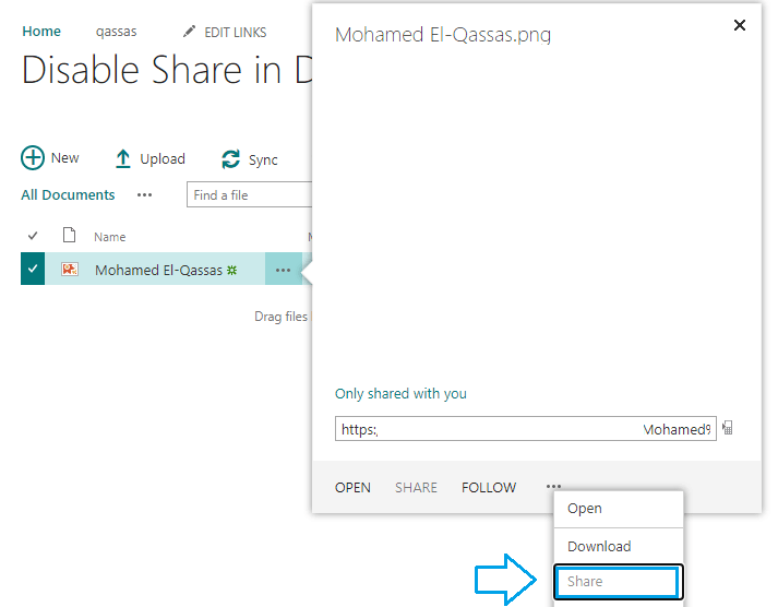 disable share menu item in sharepoint document library