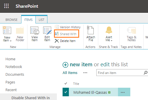 disable the "Shared With" button from SharePoint List Items Ribbon