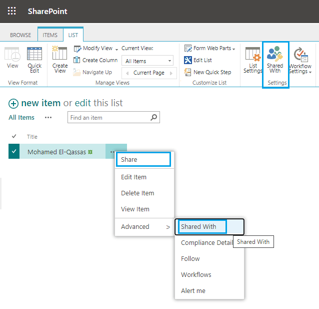 disable sharing in SharePoint List