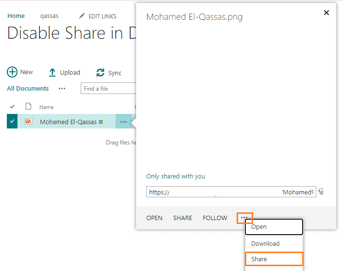 share menu item in sharepoint document library