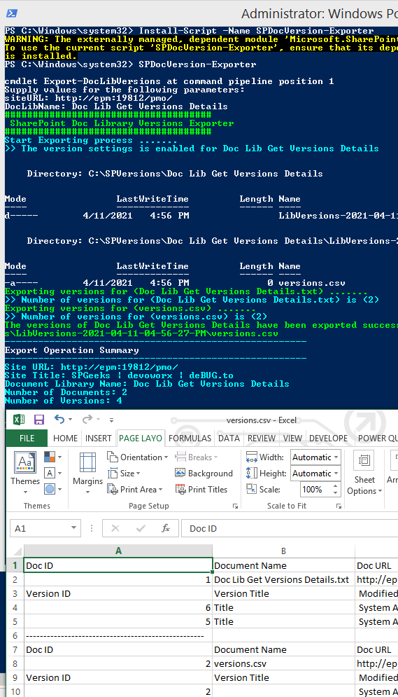 Export SharePoint document Version History to Excel PowerShell