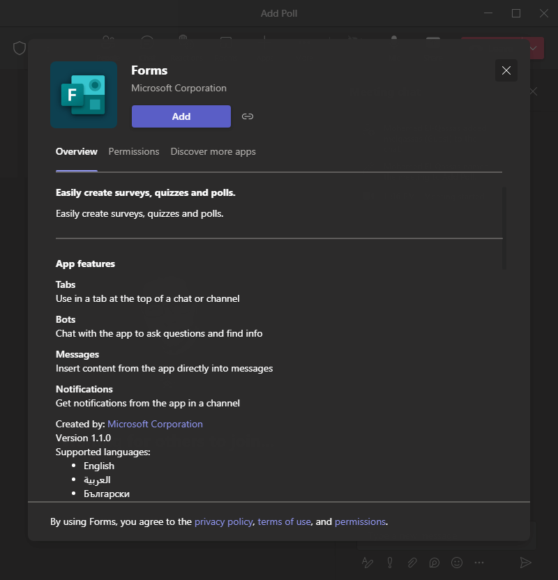 add forms app in Microsoft teams