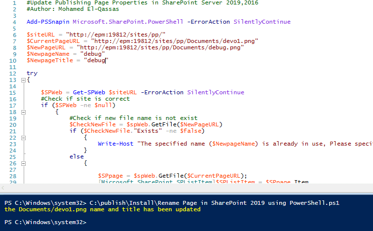rename file in sharepoint 2019 using powershell