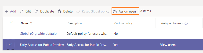 assign users for a specific policy in Microsoft Teams