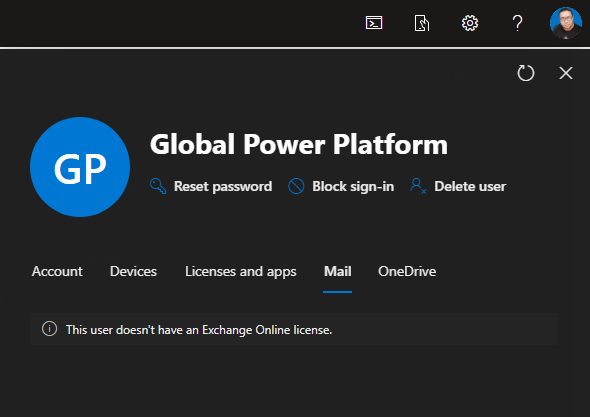 This user doesn't have an Exchange Online license