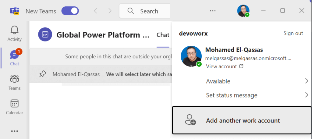 Add another account in new Microsoft Teams
