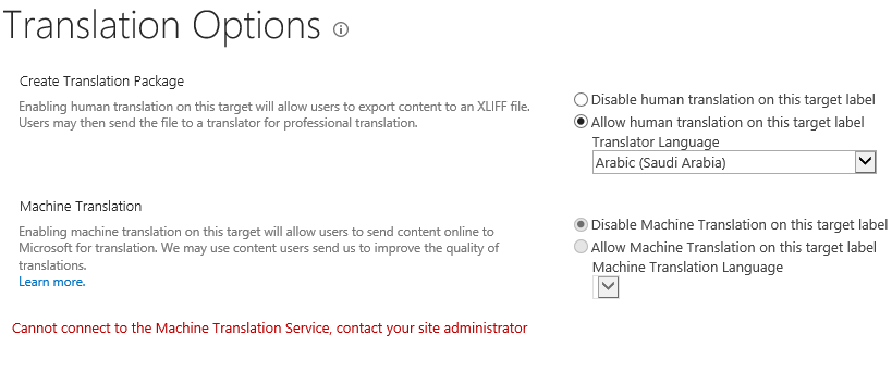 Cannot connect to Machine Translation Service contact your site administrator