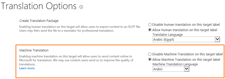 Machine Translation on this site is disabled SharePoint 2019