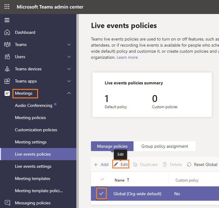 Manage Live Events Policies