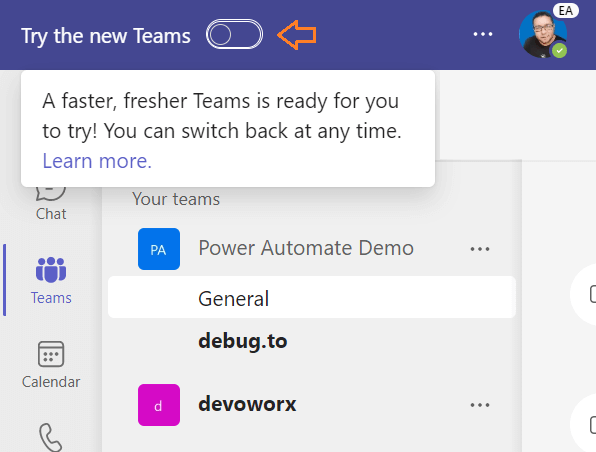 Turn on New Teams