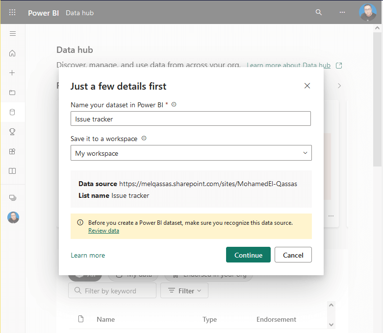 create SharePoint list dataset to Power BI