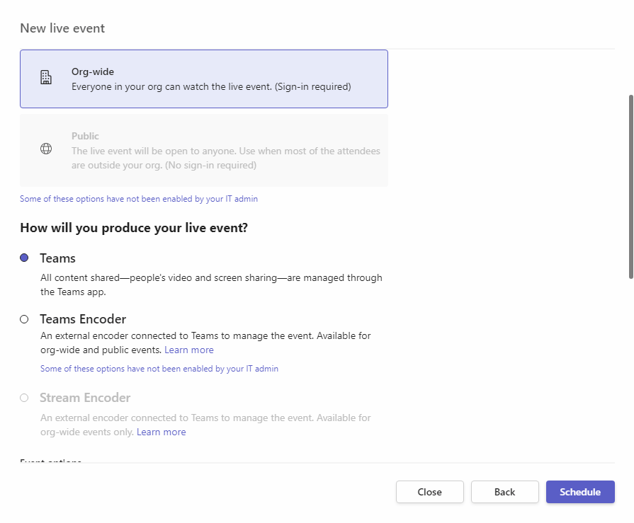 the public live event is disabled in Microsoft Teams