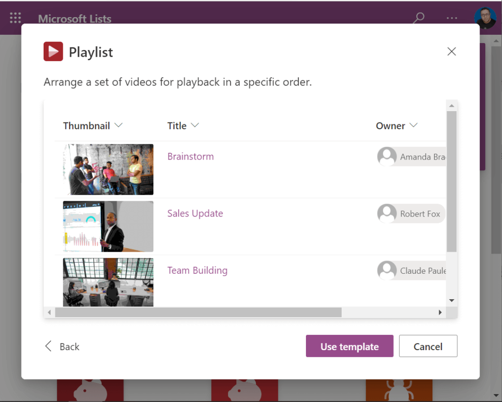 use Playlist template in Microsoft Lists