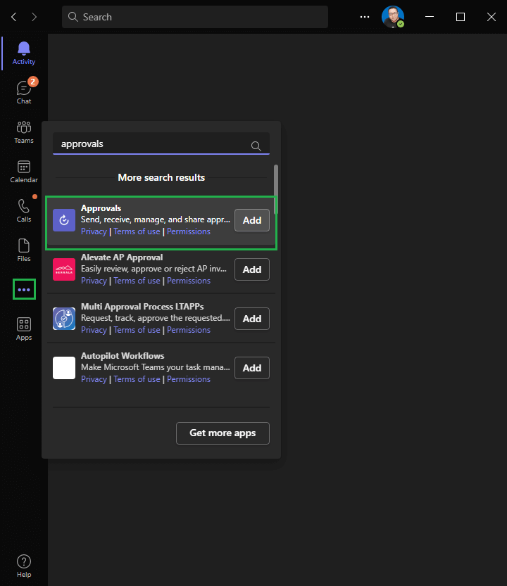 Add approvals app in Microsoft teams