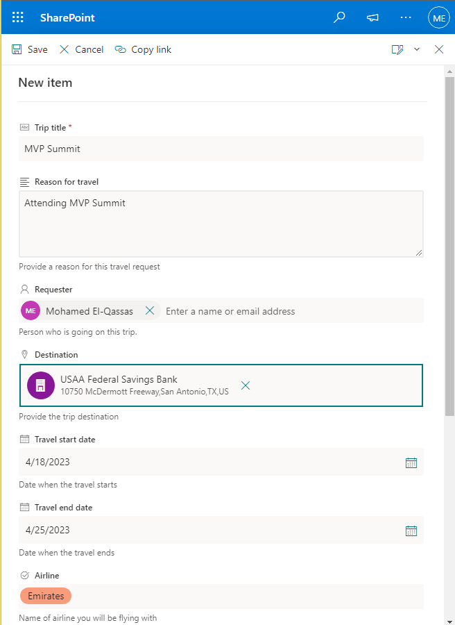 Add new Travel Request with Approval SharePoint