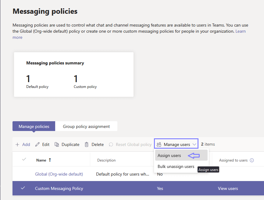 Assign users for custom policy in Microsoft Teams