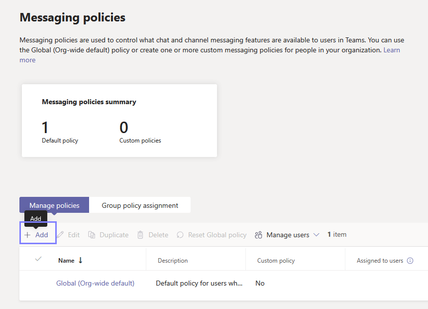 Create a new Messaging Policy In Microsoft Teams